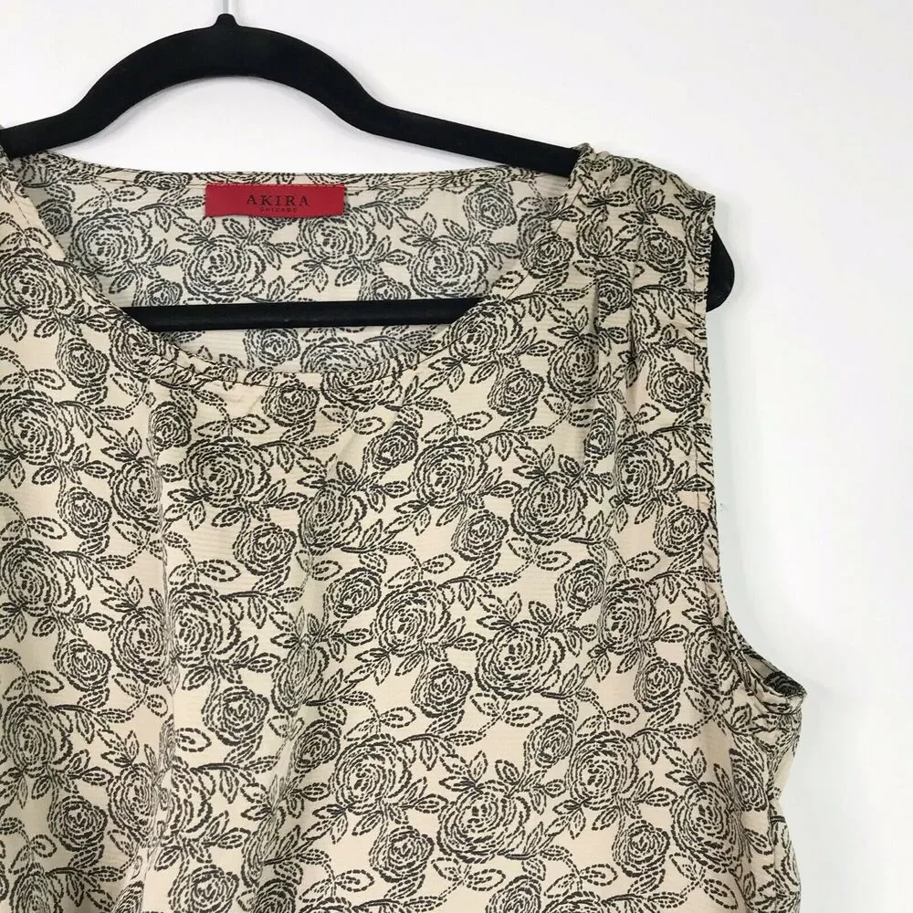 AKIRA Medium M Printed Asymmetrical Cinch Blouse Top Cream Black Floral Print